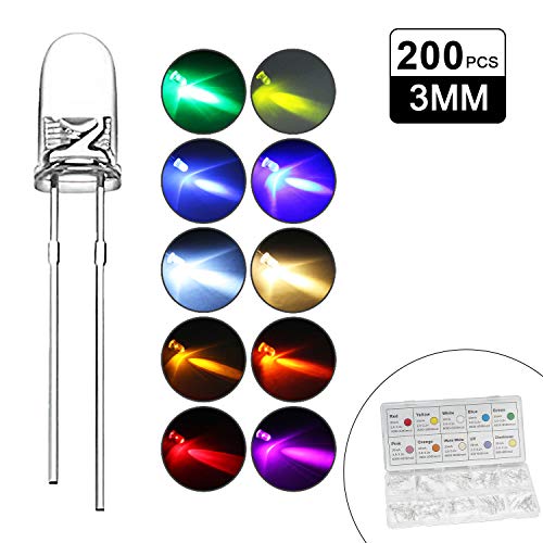 DiCUNO 200pcs(10 Couleurs x 20pcs) 3mm Bi-pin Diodi LED, Testa rotonda trasparente, Alta luminosità lampada a LED,(Bianco/Rosso/Giallo/Verde/Blu/Rosa/Arancio/Bianco caldo/UV/Chartreuse)