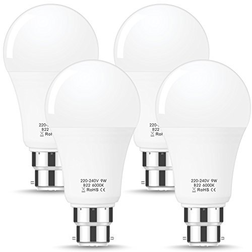 Jandcase 9 W, equivalente a 60 W Lampadina LED A60 lampadina LED Daylight 6000 K, B22 base LED luci lampade LED, 780LM, illuminazione, non dimmerabile (4 pezzi)