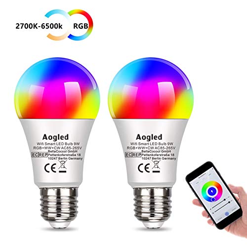 Lampadina LED E27 Intelligente,Aogled Smart Alexa E27 9W 240V,Equivalente Lampada Alogena 60W, Multicolore Dimmerabile Funziona Con Alexa,Google Home,2.4GHz Wi-Fi E27 LED 2700K-6500K,2 Pcs