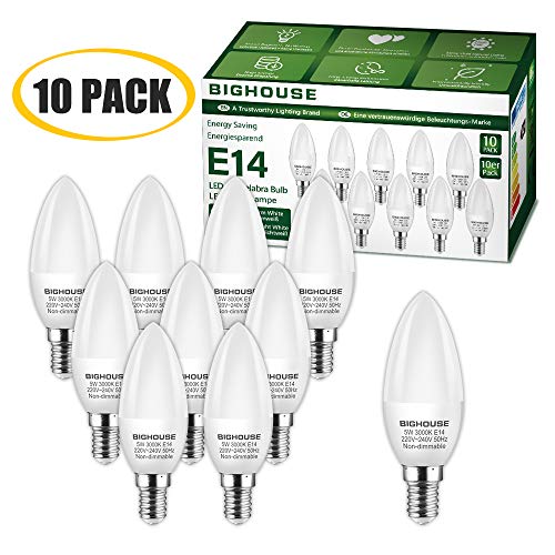 Lampadine LED E14 C37 Candela, 5Watt Pari ad alogene da 50Watt, 400LM, Bianco caldo 3000k, CRI>85, Non Dimmerabile (10 pezzi)