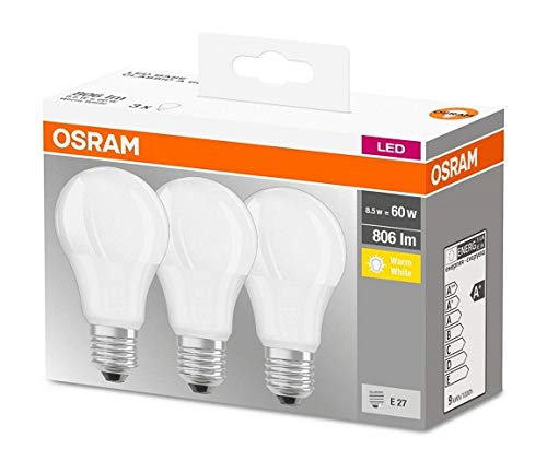 Osram LED Base Classic A Lampadina E27, 8.5W, 60 W, Luce Bianco Caldo, Confezione con 3 pezzi