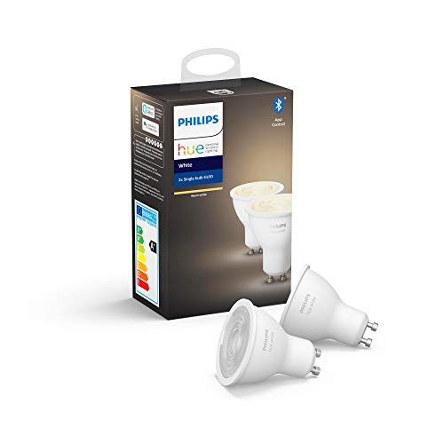 Philips Hue White 2 Faretti LED Smart, con Bluetooth, Attacco GU10, Dimmerabili, Tutte le Sfumature della Luce Bianca Calda, 2 Pezzi, Dispositivo Certificato per gli umani