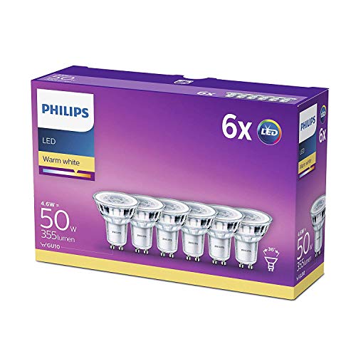 Philips LED Spot - Confezione Faretti LED, Attacco GU10, 4.6 W Equivalenti a 50 W, Luce Bianca Naturale Calda, 6 pezzi