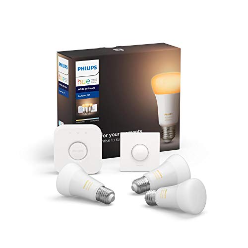 Philips Lighting Hue White Ambiance Starter Kit con 3 Lampadine, con Bluetooth, Attacco E27 + 1 Bridge Hue Controllo Completo del Sistema + 1 Telecomando Hue Smart Button, Bianco