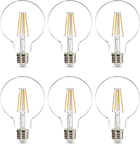 Amazon Basics, confezione di 6 lampadine LED, con attacco Edison E27, a sfera G93, equivalenti a 60 W, con filamento in vetro trasparente, regolabile