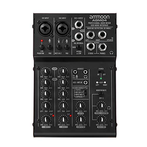 ammoon Mini Consolle Mixer 4 Canali Mixer Audio Digitale EQ 2 Bande Integrato con Alimentazione Phantom 48V e USB 5V per Studio Recording DJ Karaoke