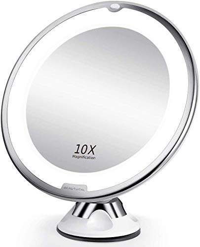 BEAUTURAL Specchio per Trucco Makeup con Ingrandimento 10 X e Luce LED, Specchio Cosmetico Giunto Sferico Orientabile e Ventosa, Diametro 8 Pollici (20 cm), a Batterie