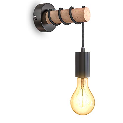 B.K.Licht Lampada da parete retrò in metallo e legno, lampadina E27 non inclusa, applique vintage, design industriale, ideale per ambienti rustici e moderni, nero IP20