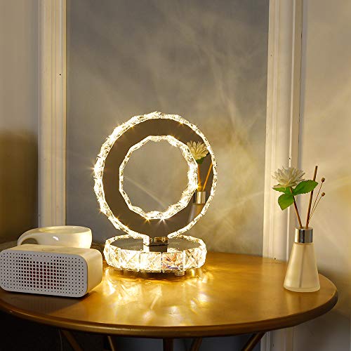 DAXGD Lampade da tavolo in cristallo, moderne lampade a LED in acciaio inossidabile, luce da scrivania rotonda 18W, Luce bianca calda
