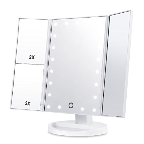 HAMSWAN Specchio Trucco, 3 Lati Specchio per Trucco, Touchscreen LED Dimmerabile Pieghevole Rotazione Regolabile a 180°, Ingranditore 2X 3X e 10X. Specchio Ingranditore per la Bellezza della casa