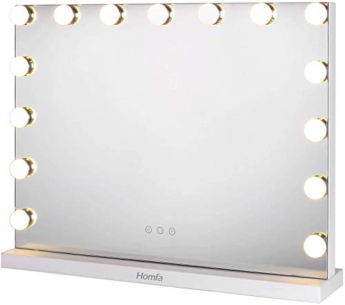 Homfa Hollywood Specchio Trucco con LED Illuminato Regolabile a Tocco con 3 Tipi di Luci Specchio Luminoso per il Trucco da Tavolo Specchio Rettangolo Make Up Bagno Bianca