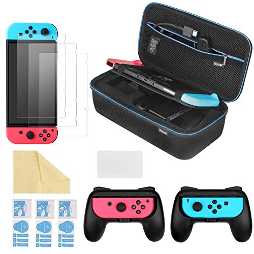 iAmer 6 in 1 Kit di accessori per Nintendo Switch, Custodia Nintendo Switch per il Trasporto +Grip per Nintendo Switch Joy-Con+ 3 Pellicole Protettive