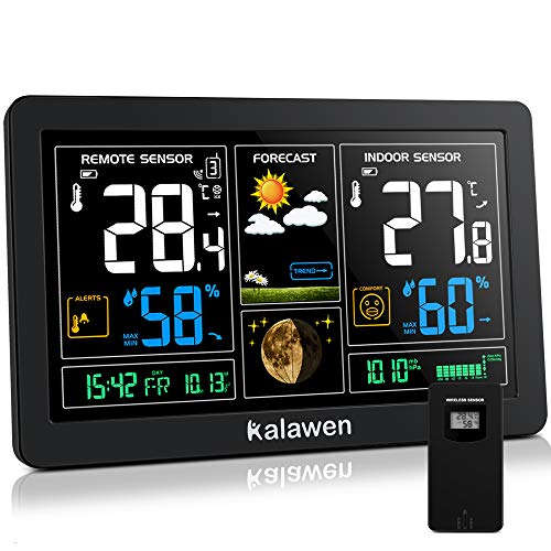 Kalawen Stazione Meteo Automatica Digitale Wireless Meteorologica con Ampio Schermo LCD Display Sveglia Tempo Data Temperatura umidità Previsioni di Tempo con Sensore Esterno Wireless