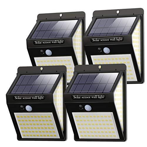 Luce Solare LED Esterno [4 Pezzi], 140LED Luci Solari Lampade Faretti Solari a LED da Esterno Sensore di Movimento IP65 Impermeabile 3 Modalità per Giardino, Parete Wireless Risparmio Energetico