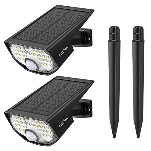 Luci Solari Esterno Giardino con Sensore di Movimento Paesaggistica Wireless 30 LED IP67 Impermeabile Faretto Terreno 2-In-1 da Parete di Sicurezza con 3 Modalità Opzionali 2 Pezzi Bianco Freddo