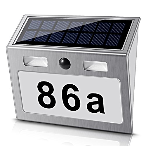Numero civico a energia solare con 7 LED, interruttore crepuscolare e rilevatore di movimento in acciaio inox, ecologico, bianco