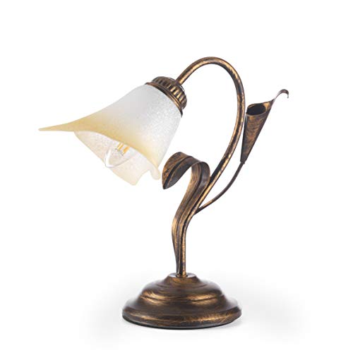 ONLI - Lampada da tavolo in metallo marrone spennellato oro con vetro bianco sfumato ambra