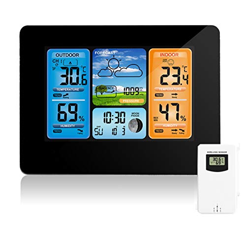 Stazione Meteo Wireless Digital Colour Forecast Stazione Meteo Indoor Outdoor Termometro con Allarme e Temperatura umidità Barometro Alarm Moon Phase Weather Clock con sensore Esterno (A)