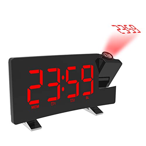 24H per camera da letto Sveglia a proiezione Orologio radio FM Display a LED con dimmer Proiettore regolabile a 180 ° Orologio digitale con porta di ricarica USB Impostazione orologio da comodino 12