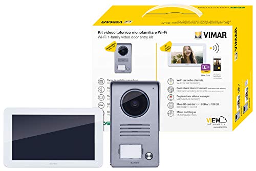 Vimar K40945 Kit videocitofono smart monofamiliare con monitor touch screen vivavoce WiFi , targa audiovideo 1 pulsante con cornice parapioggia, 1 alimentatore multispina