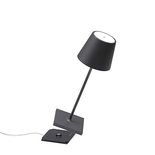 Zafferano - Poldina Pro Mini Lampada LED Dimmerabile da tavolo in alluminio, Protezione IP54, Uso Interno/Esterno, Base di ricarica a contatto, H30cm, Plug EU - Grigio Scuro