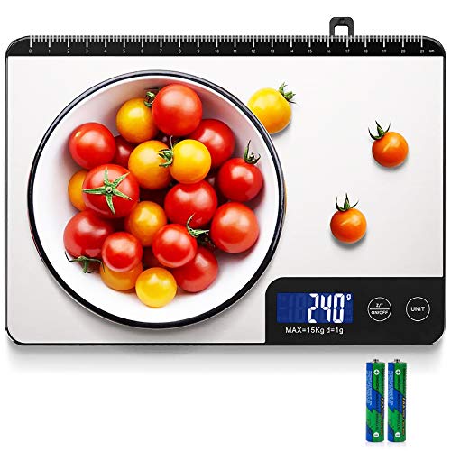 Bilancia Cucina Digitale, HOMEVER 15kg Bilancia Cucina con 6 Measuring Units, Schermo LCD, Funzione Tara, Design in Acciaio Inossidabile, Batterie incluse