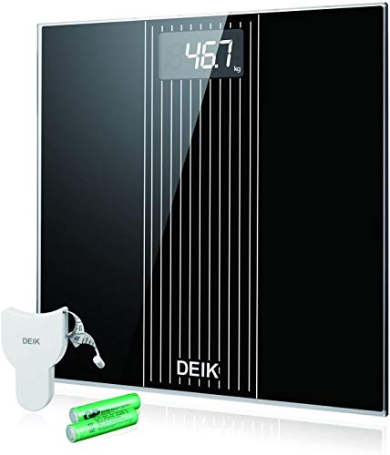 DEIK Bilancia Pesa Persona Digitale, LCD Schermo Retroilluminato, includere Metro a Nastro e 2 Batteria AAA, Elettronica con Tecnologia Step-on, Autospegnimento,180kg/400lb, Nero