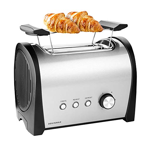 DEKINMAX Tostapane per pane a 2 fette in acciaio inox, tostapane con funzioni di riscaldamento e scongelamento e 6 livelli di tostatura, 800 W
