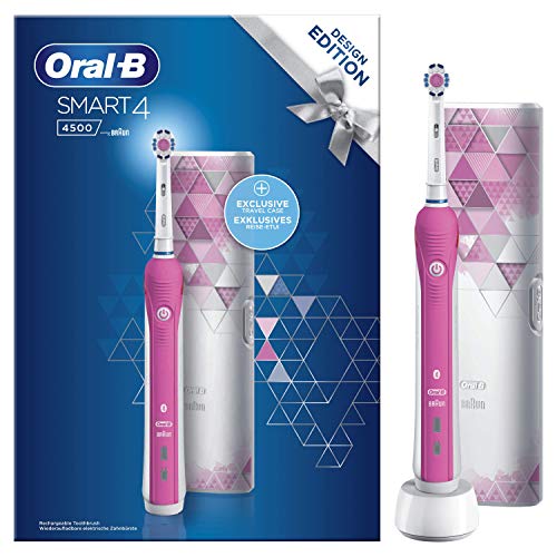 Oral-B Design Edition Smart 4-4500 Spazzolino Elettrico Ricaricabile, 1 Spazzolino Rosa Connesso con Bluetooth, 1 Testina, 1 Custodia da Viaggio