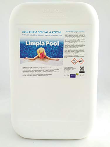 Limpia Pool 25 kg Antialghe Sistemico Alghicida 4 azioni Azzurrante, Schiarente, Battericida, Fungicida Non Schiumogeno Mantenimento Piscina Made in Italy