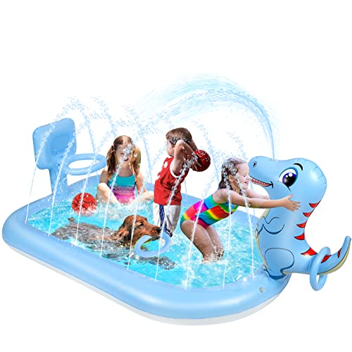 Splash Pad - Piscina gonfiabile per bambini, 63" x 39", con dinosauri e telaio da basket, gioco per il lancio ad anelli e piscina gonfiabile, per bambini, giocattolo acquatico da giardino