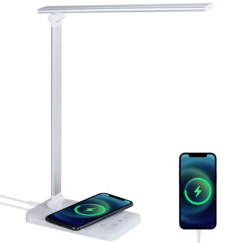 Lampada da Scrivania a LED con Ricarica Wireless e Porta di USB, Lampada da Tavolo Pieghevole per Protezione Degli Occhi per Comodino, Ufficio, con Funzioni Touch Control, Dimmerabile, Tempismo